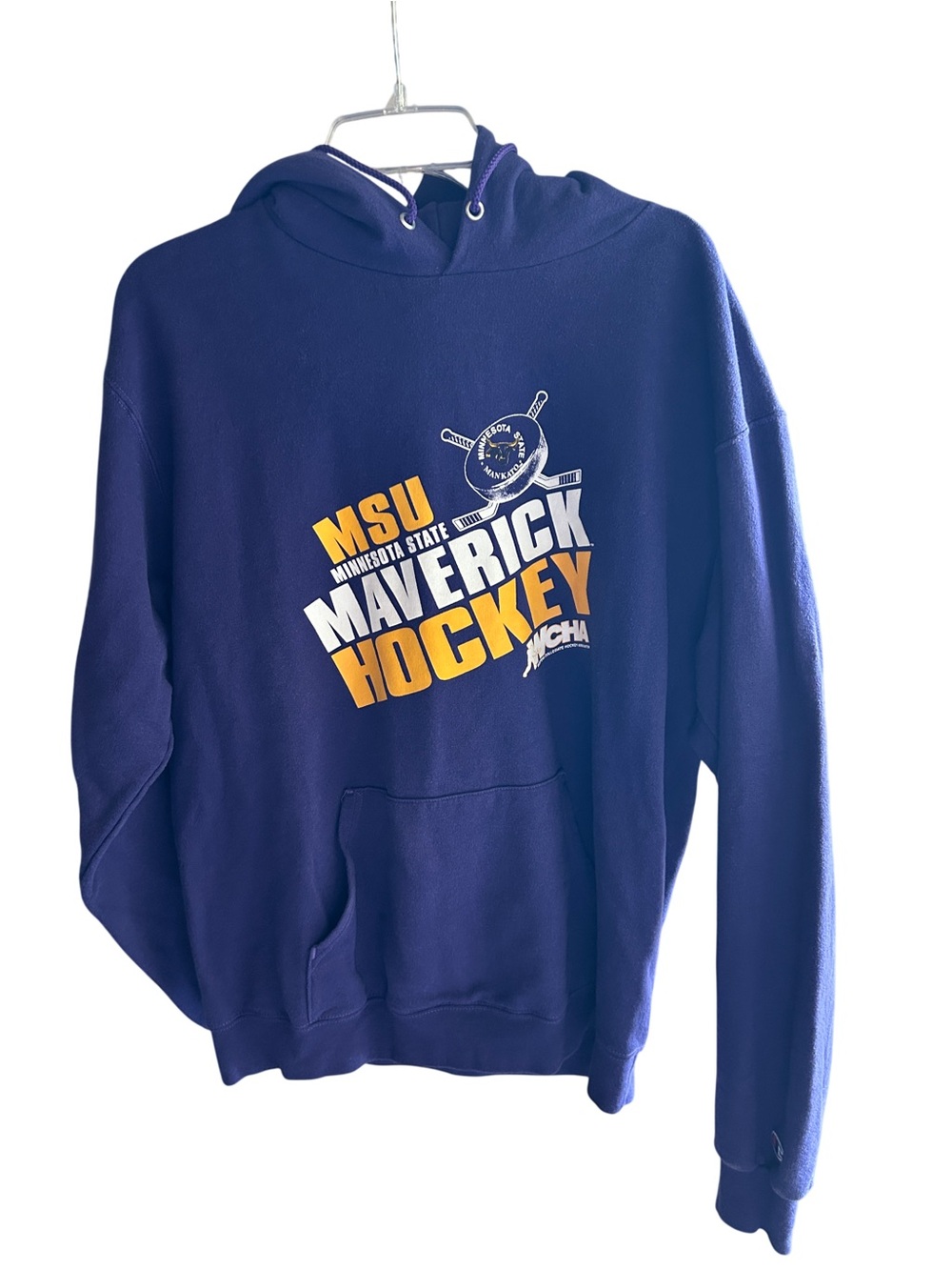 Champion Navy MSU Maverick Hockey Hoodie with Yellow & White Graphics